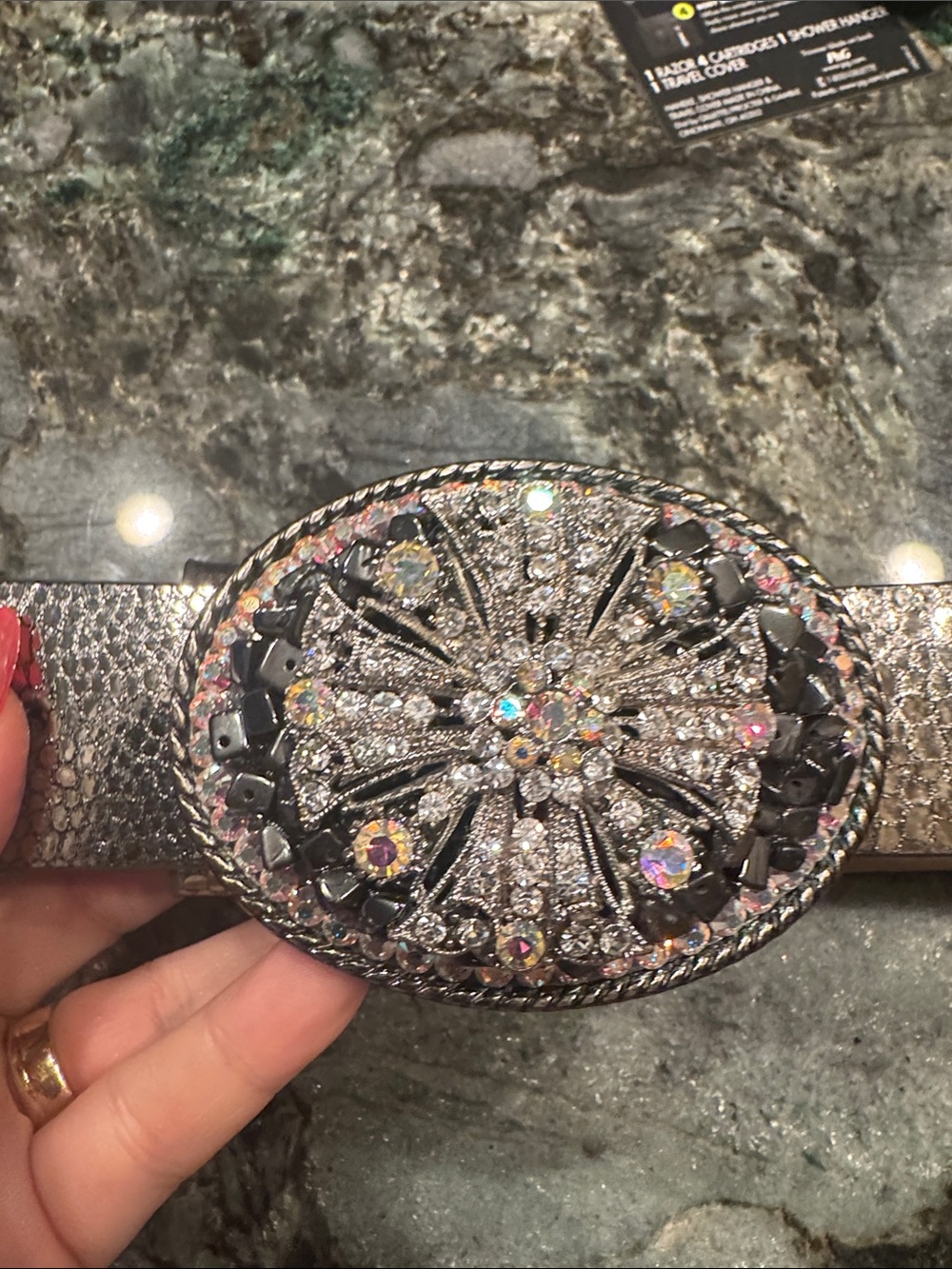 NEW - Crystal Floral Oval Buckle Belt - Silver